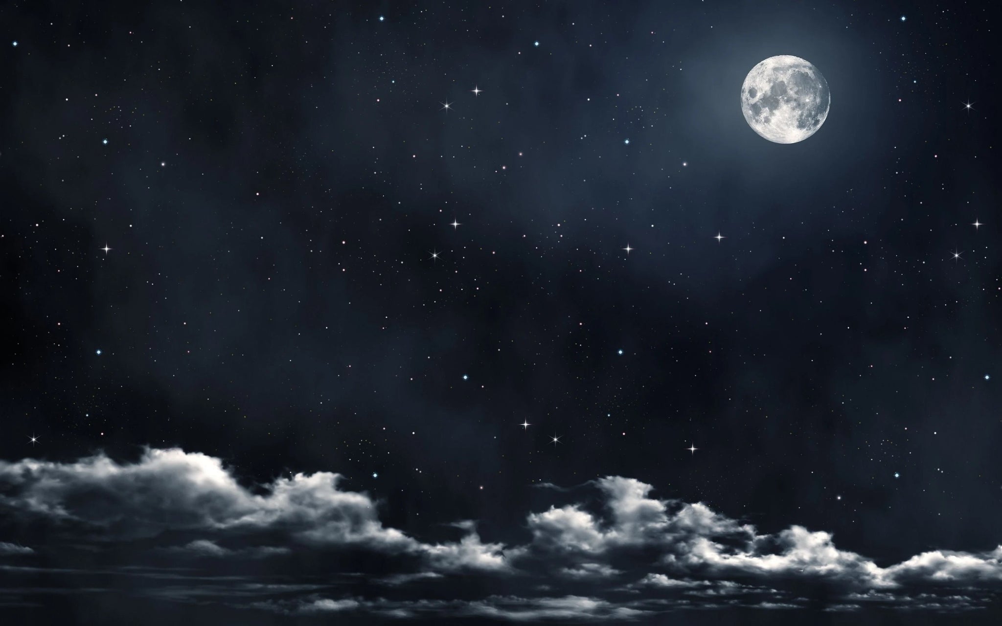 Beautiful night sky with a full moon and twinkling stars, perfect for Sleep Calm Support relaxation.