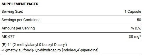 Supplement facts for Bio Molecule Ibutamoren MK-677 50 caps (30mg) highlighting serving details and ingredients