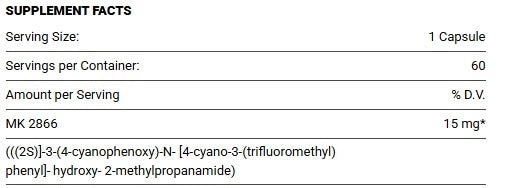 Supplement facts for Bio Molecule Ostarine capsules showing serving size and MK 2866 dosage.