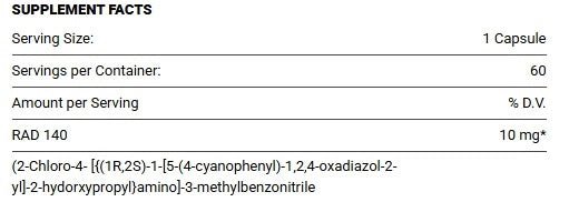 Supplement facts for RAD-140 Testolone capsules, showing serving size and active ingredient dosage.