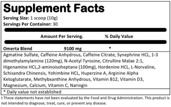 Supplement Facts for Cartel Labs Omerta – Hardcore Pre-Workout Formula showing ingredients and serving details.