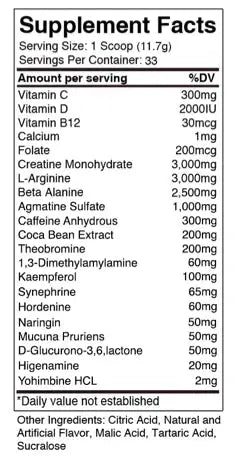 Supplement facts for Centurion Labz Rage pre-workout, detailing vitamins, amino acids, and active ingredients for enhanced performance.