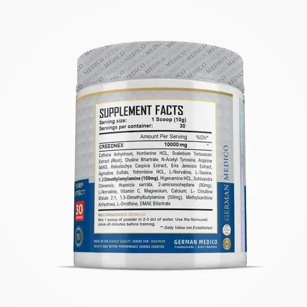 German Medico Creednex 300 g supplement facts label for hardcore pre-workout performance formula.
