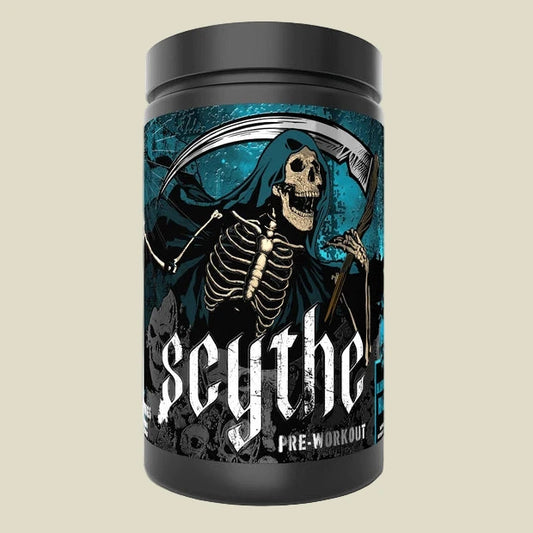 UNDERGROUND LABS SCYTHE PWO container featuring a skeletal figure with a scythe, labeled as pre-workout.