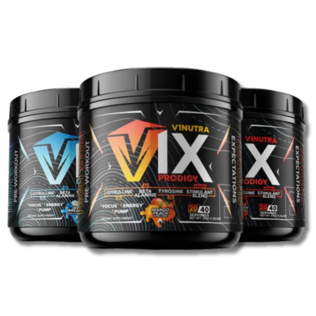 V1Nutra V1X PRODIGY pre-workout powder tubs featuring vibrant labels for enhanced performance.