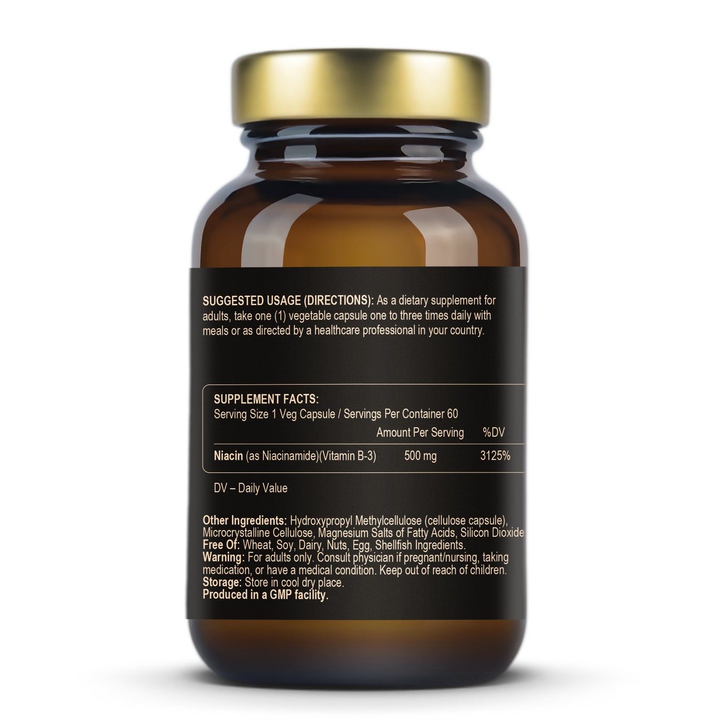 FuelUp Niacinamide 500 mg supplement facts bottle for flush-free niacinamide supplement, dietary guidance and ingredients.