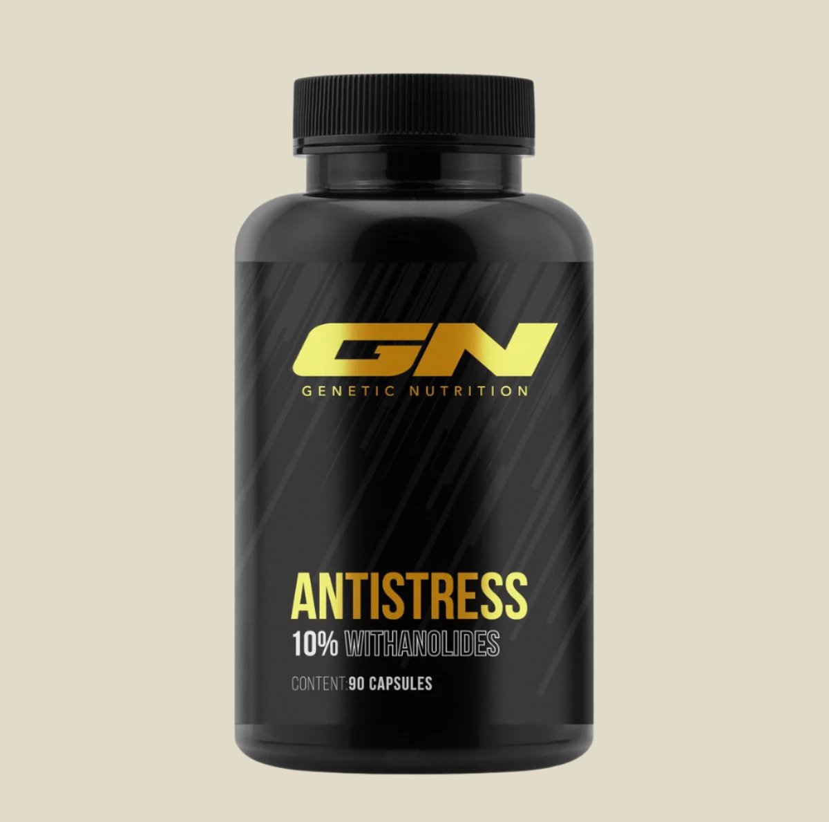 Genetic Nutrition Anti Stress supplement bottle with 90 capsules for stress relief and recovery.