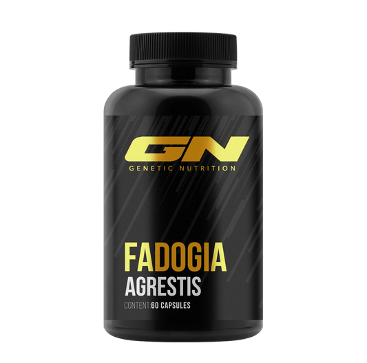 Genetic Nutrition Laboratories Fadogia Agrestis supplement bottle with 60 capsules for energy and vitality.
