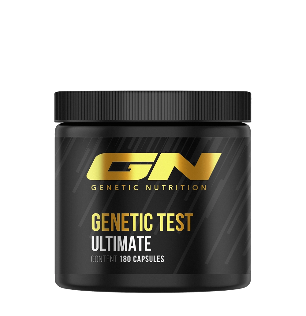 GN Laboratories Test Ultimate | Genetic Nutrition dietary supplement jar with 180 capsules for muscle and vitality.
