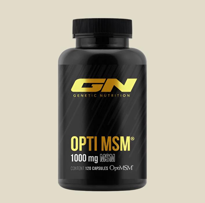 Genetic Nutrition Laboratories Opti MSM 120 capsules supplement bottle with 1000 mg MSM for joint support.