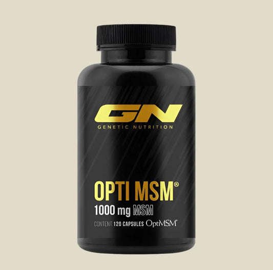 Genetic Nutrition Laboratories Opti MSM 120 capsules supplement bottle with 1000 mg MSM for joint support.