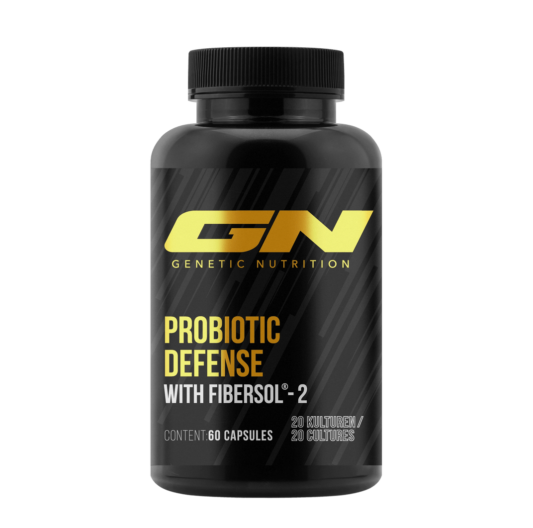 Genetic Nutrition Laboratories Probiotic Defense bottle with Fibersol-2 for digestive and immune support.