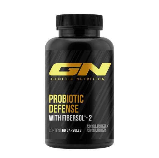 Genetic Nutrition Laboratories Probiotic Defense bottle with Fibersol-2 for digestive and immune support.