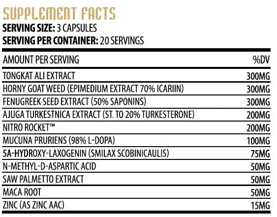 Supplement facts for Hammer Labz Trojan Test Lite showing ingredients and dosages per serving.