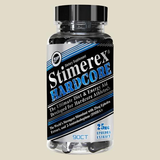 Hi-tech Stimerex Hardcore dietary supplement bottle with 25mg Ephedra extract for fat burning and energy.