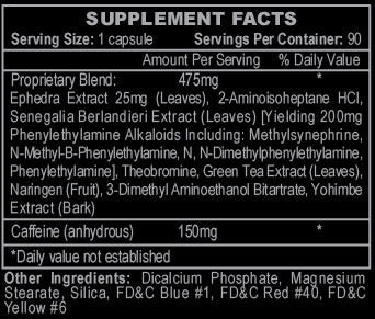 Supplement facts for Hi-tech Stimerex Hardcore fat burner showing ingredients and serving details.