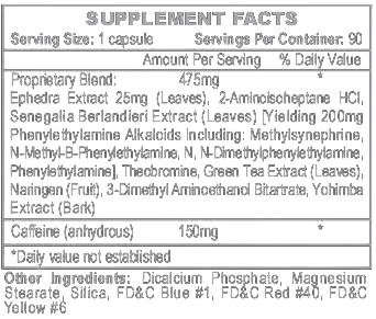 Supplement facts for Hi-tech Stimerex Hardcore fat burner showing ingredients and serving details.