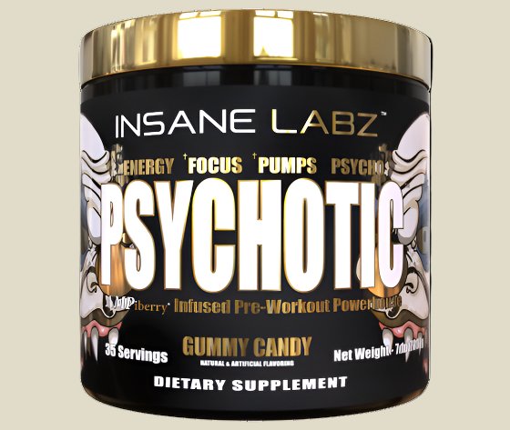 Insane Labz Psychotic Gold pre-workout supplement tub with gummy candy flavor, energy and focus formula.