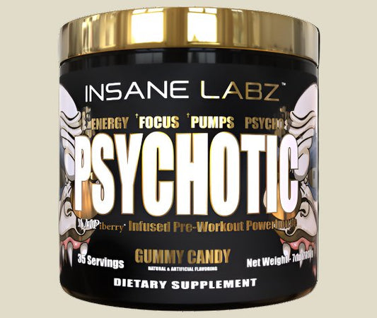 Insane Labz Psychotic Gold pre-workout supplement tub with gummy candy flavor, energy and focus formula.