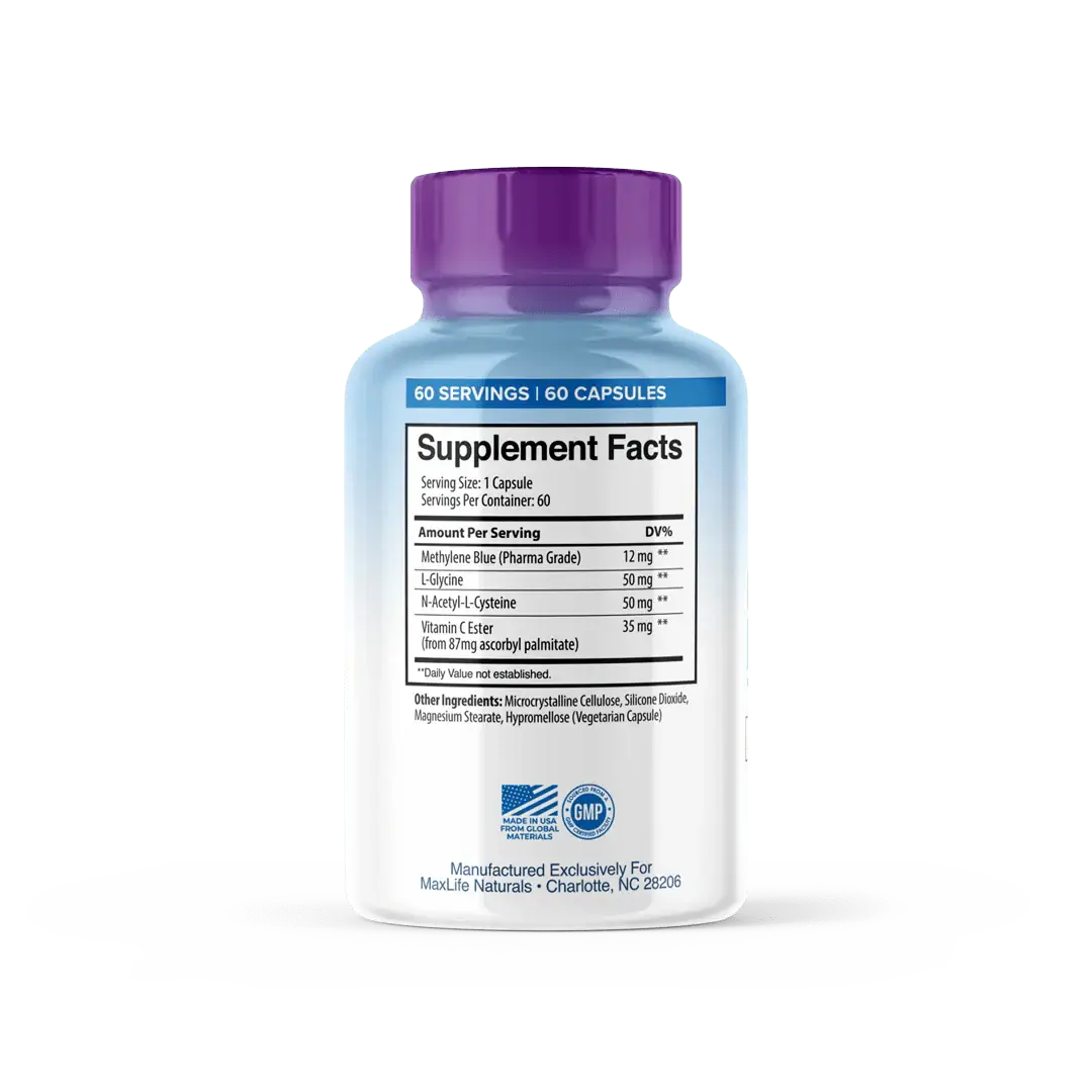 Maxlife Methyl Blue+ supplement bottle showcasing ingredient details and serving facts for nootropic benefits.