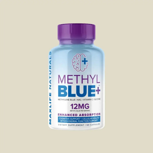 Maxlife Methyl Blue+ supplement bottle with 12mg methylene blue for cognitive and cellular support, 60 capsules.