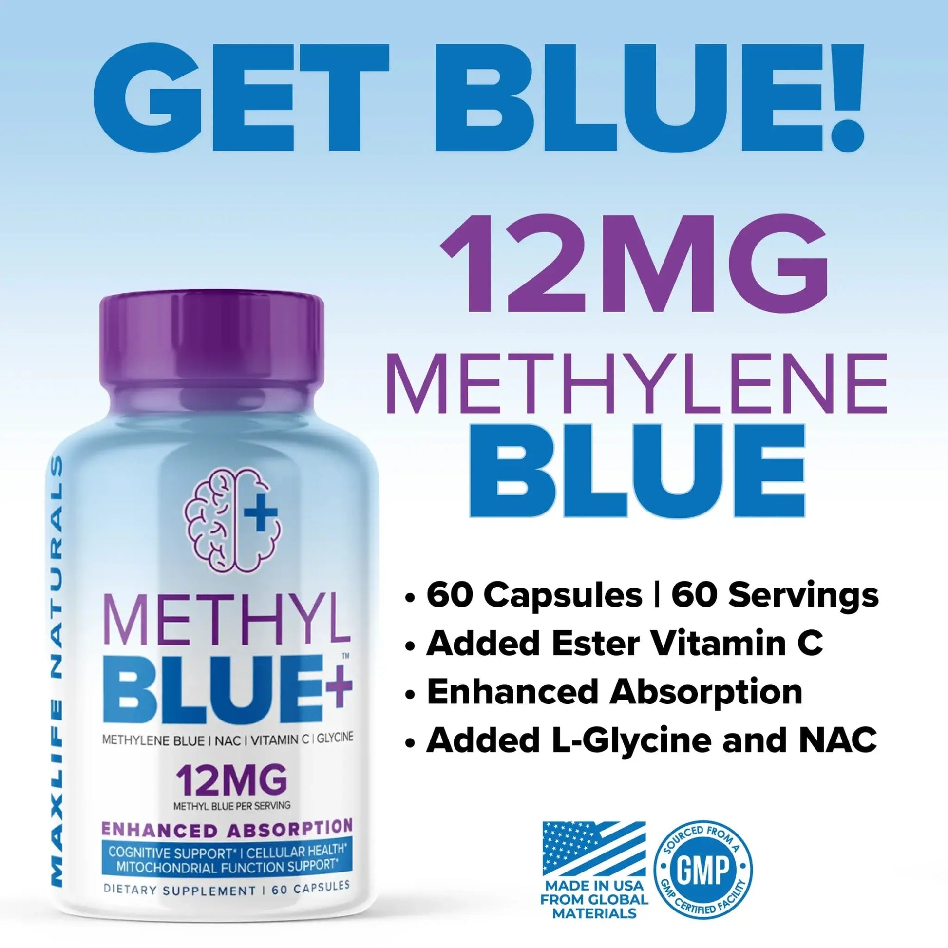 Maxlife Methyl Blue+ 12mg supplement bottle with 60 capsules for cognitive support and enhanced absorption.