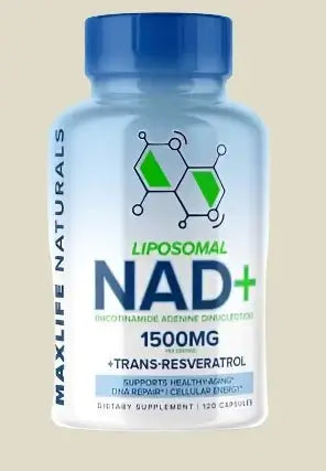 Maxlife NAD+ supplement bottle, 1500mg liposomal NAD+ and trans-resveratrol, supports longevity and cellular health.