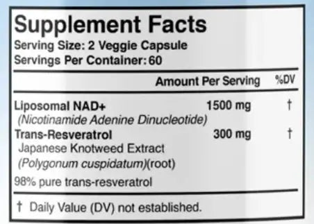 Supplement facts for Maxlife NAD+ including liposomal NAD+ and trans-resveratrol dosages.