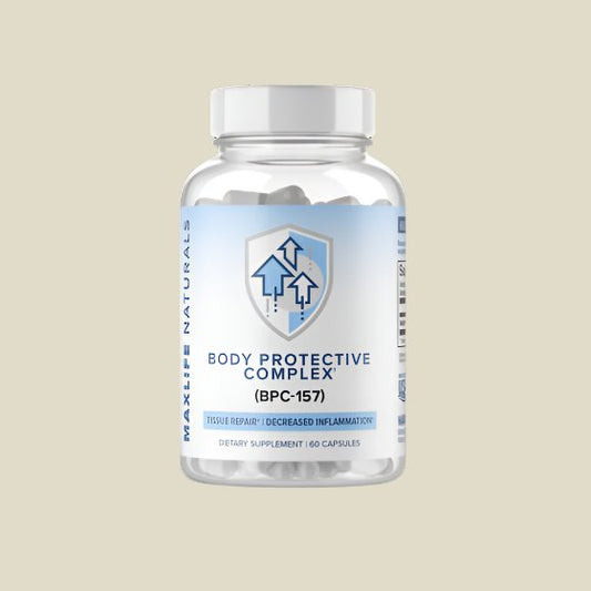MaxLife Naturals Body Protective Complex BPC-157 bottle with 60 capsules for tissue repair and decreased inflammation.