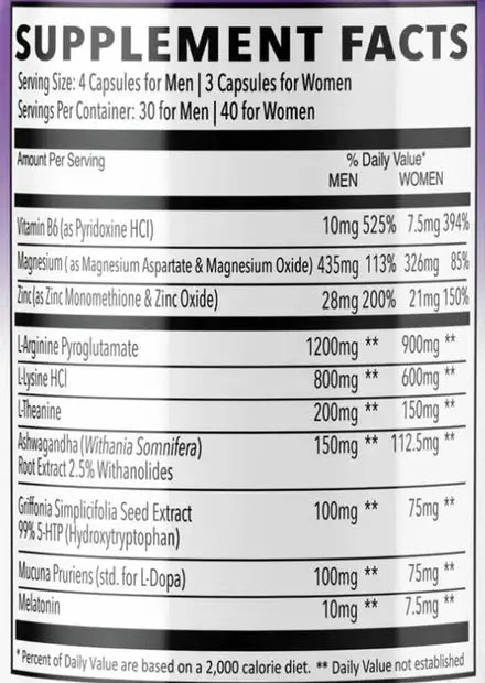 Supplement Facts for MaxLife ZMPM, highlighting ingredients and serving sizes for men and women.