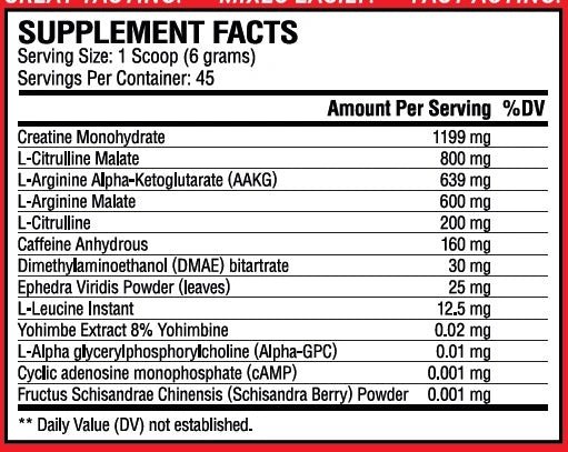Supplement facts panel for Methyldrene pre-workout powder, including key ingredients and serving size information.