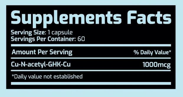 Supplement facts for Nucleon Nutrition N-Acetyl GHK-Cu copper peptide for skin regeneration, provides 1000mcg per capsule.