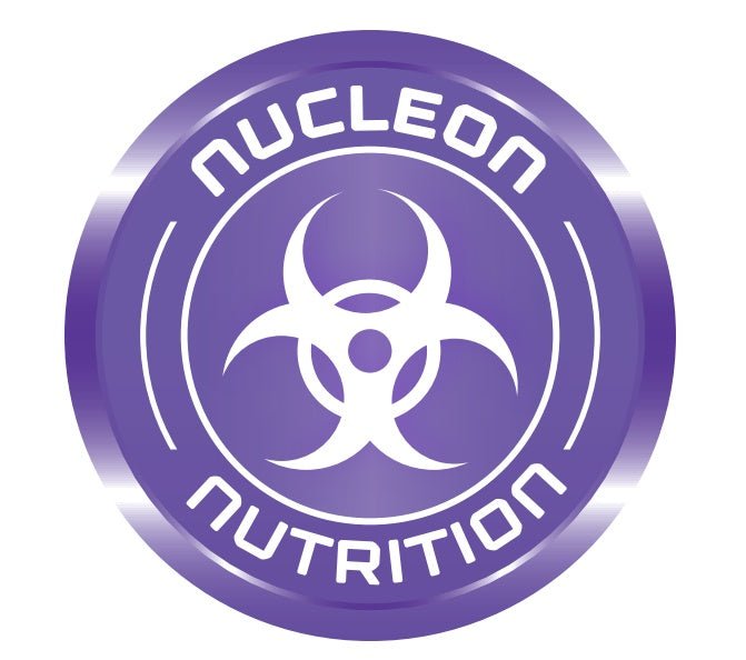 Nucleon Nutrition logo featuring a purple design with a biohazard symbol