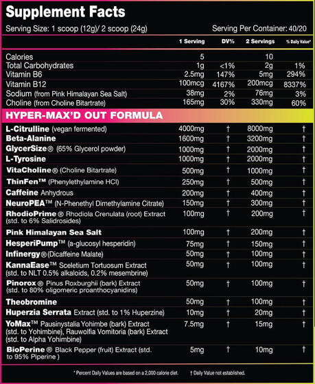Supplement Facts for Performax Labs HyperMaxd Out, including ingredients and nutritional information.