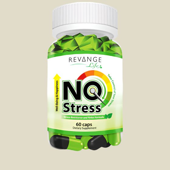 Revange No Stress dietary supplement bottle with 60 capsules for relaxation and emotional balance.