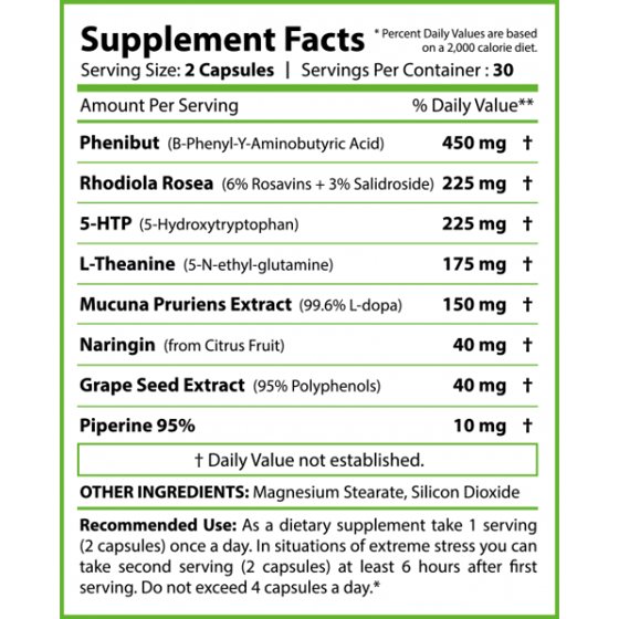 Revange No Stress supplement facts label showing ingredients and dosage details for relaxation and balance.