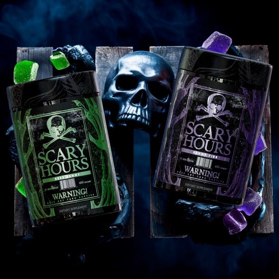 Scary Hours Pre-Workout containers with skull backdrop showcasing intense stimulant formula.