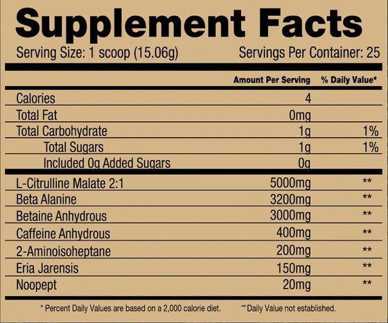 Supplement Facts for Scary Hours Pre-Workout showing ingredients and nutritional information.