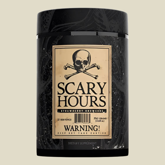 Scary Hours Pre-Workout container featuring strawberry flavor and skull design on a dark background.