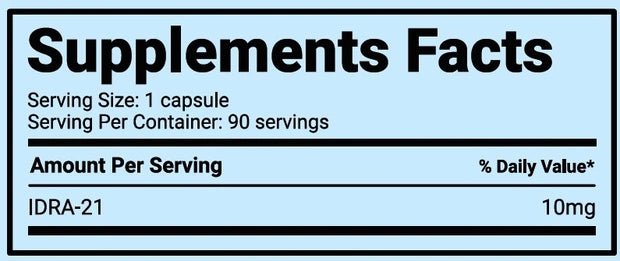 Supplement facts label for Smart Brothers IDRA-21, featuring 90 capsules of ampakine nootropic for memory and focus.