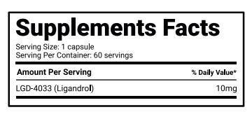 Smart Brothers LGD-4033 supplement facts label showing serving size and dosage of 10mg Ligandrol per capsule.