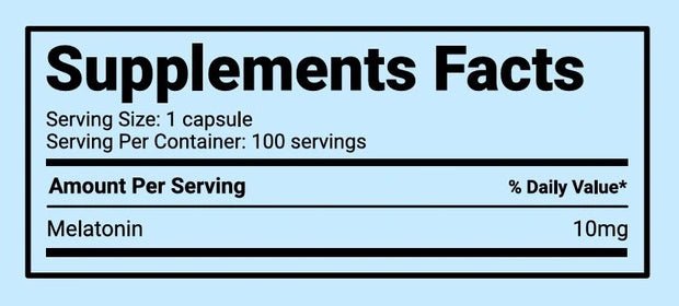Supplement facts for Smart Brothers Melatonin 10mg 100 caps, showing dosage and serving information.