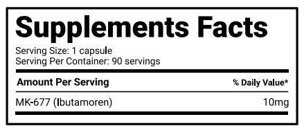 Smart Brothers MK-677 supplement facts label showing Ibutamoren 10mg per capsule, 90 servings.