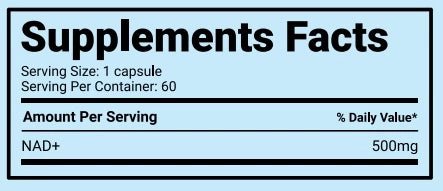 Supplement facts table for Smart Brothers NAD+ 60 caps, featuring NAD+ supplement for energy and longevity information.