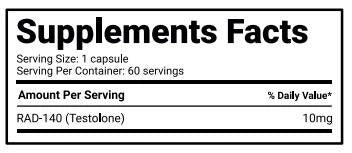Smart Brothers RAD-140 60 caps supplement facts label detailing serving size and ingredients.