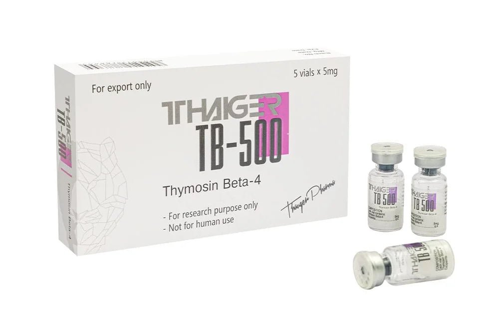 Thaiger Pharma TB-500 5mg advanced recovery peptide packaging and vials for research use.