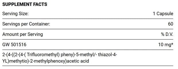 Supplement facts for Cardarine GW-501516 capsules, detailing serving size, servings per container, and ingredient composition.