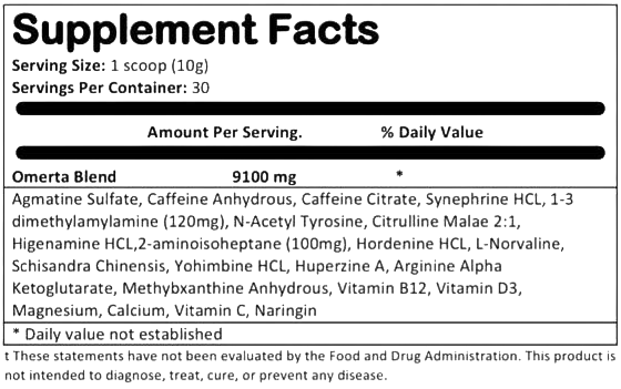 Supplement Facts for Cartel Labs Omerta – Hardcore Pre-Workout Formula showing ingredients and serving details.