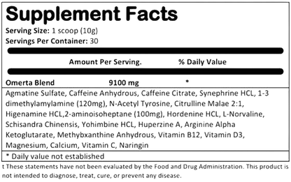 Supplement Facts for Cartel Labs Omerta – Hardcore Pre-Workout Formula showing ingredients and serving details.