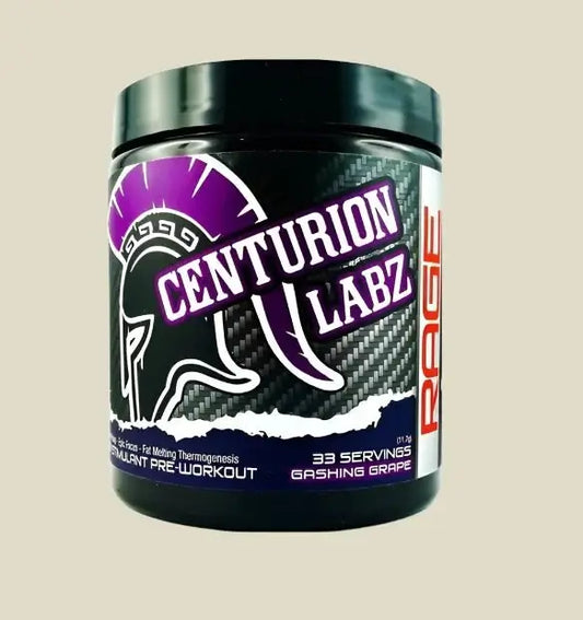 Centurion Labz Rage pre-workout supplement jar, 33 servings, Gashing Grape flavor, DMAA energy formula.